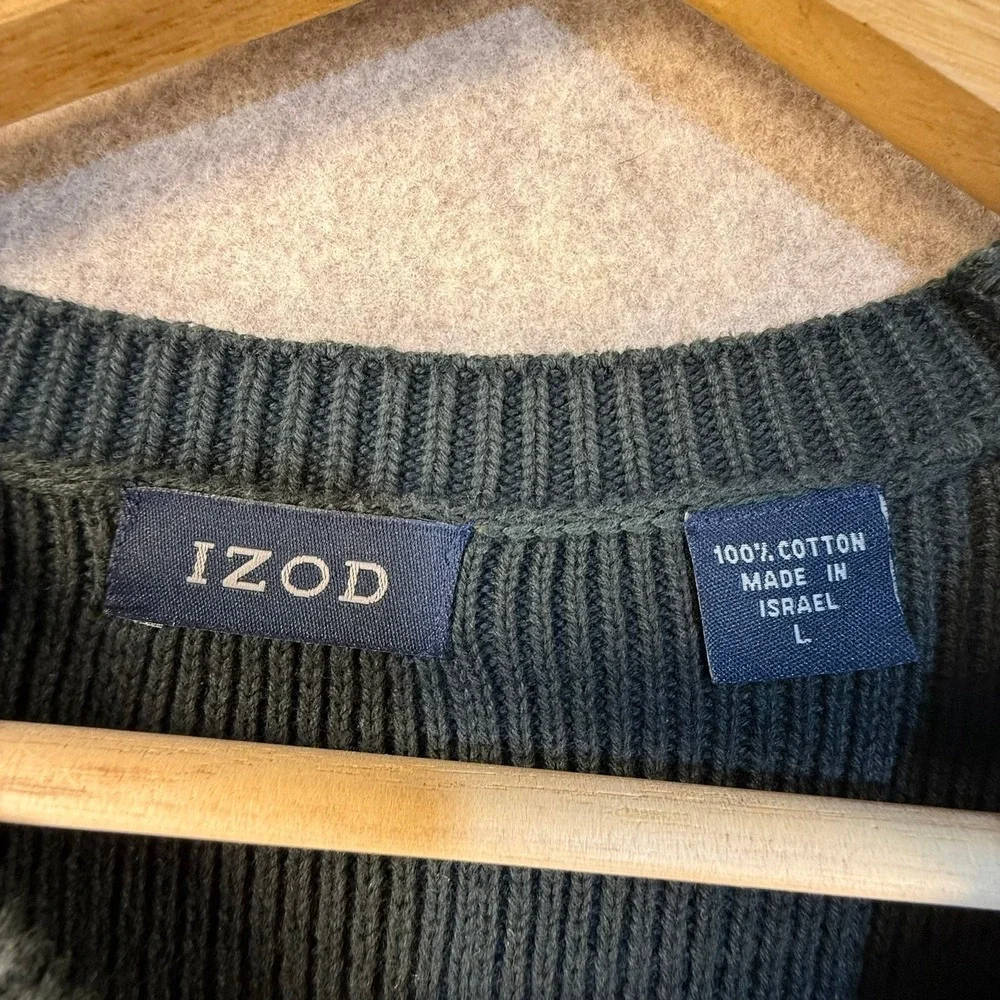 Izod‎ Mens Green Textured Grid Knit Cotton Crewneck Sweater Size Large T0898